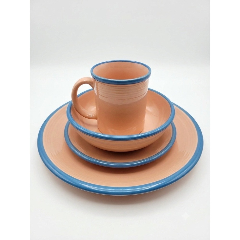 Vintage Rio Stoneware Japan 4 Pc Place Setting Pink Blue Rim MCM Plates Mug Bowl - Picture 2 of 4